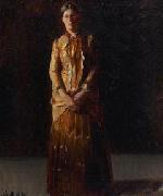 Michael Ancher Portrait of Anna Ancher Standing in a Yellow Dress by her husband Michael Ancher USA oil painting artist